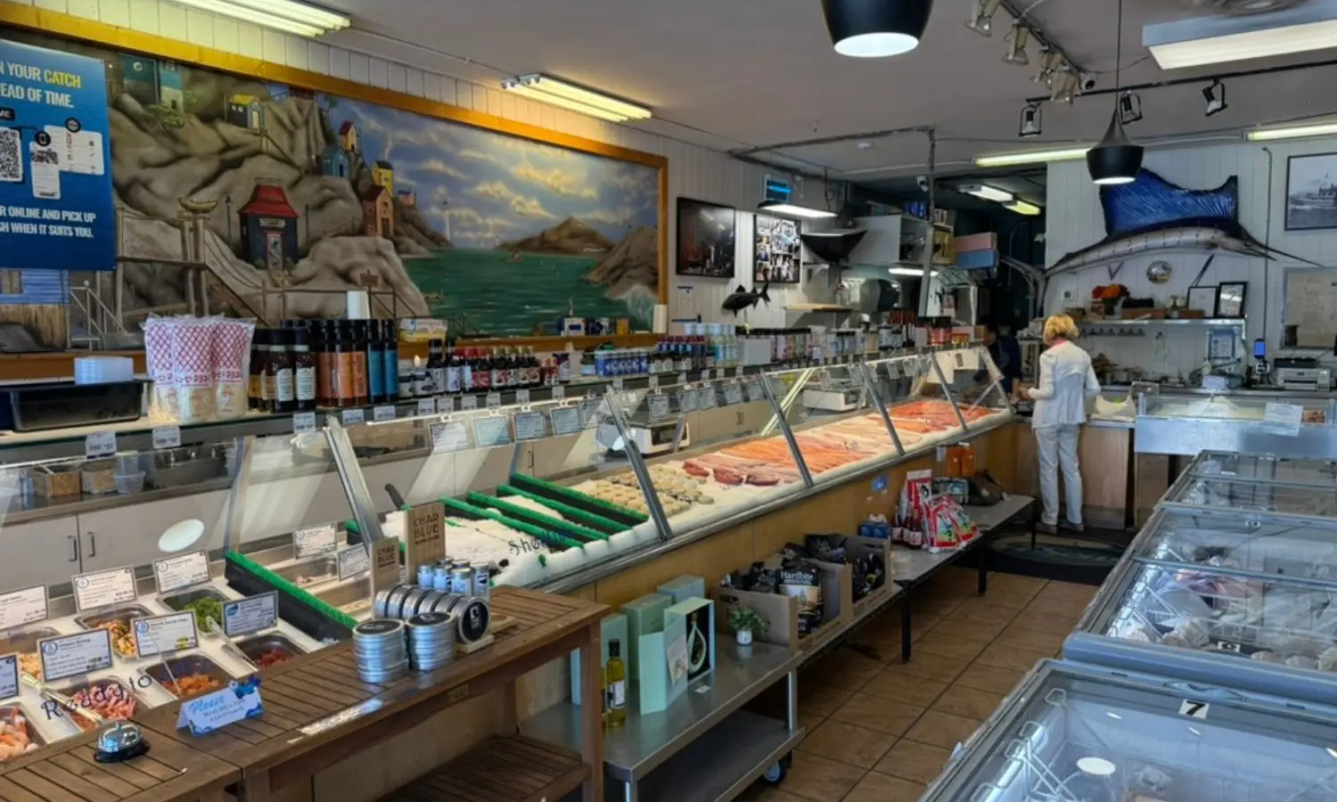 The full-service seafood display counter inside 7 Seas Fish Market in Kitsilano
