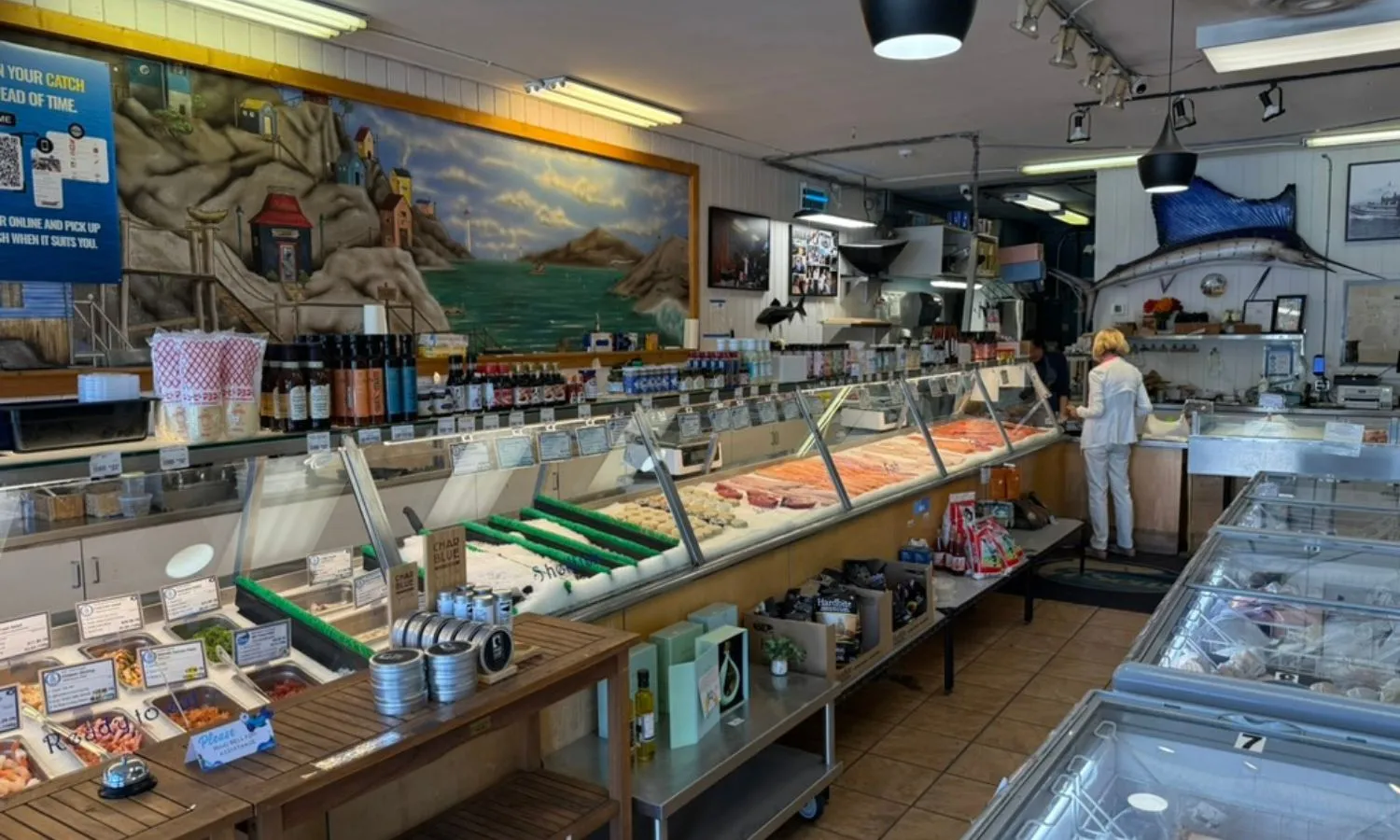 The full-service seafood display counter inside 7 Seas Fish Market in Kitsilano