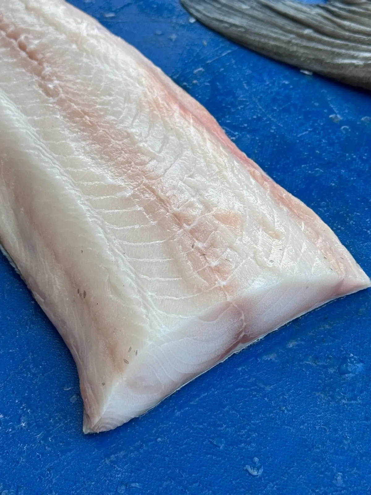 A thick, skinless sablefish (black cod) fillet on a blue cutting board
