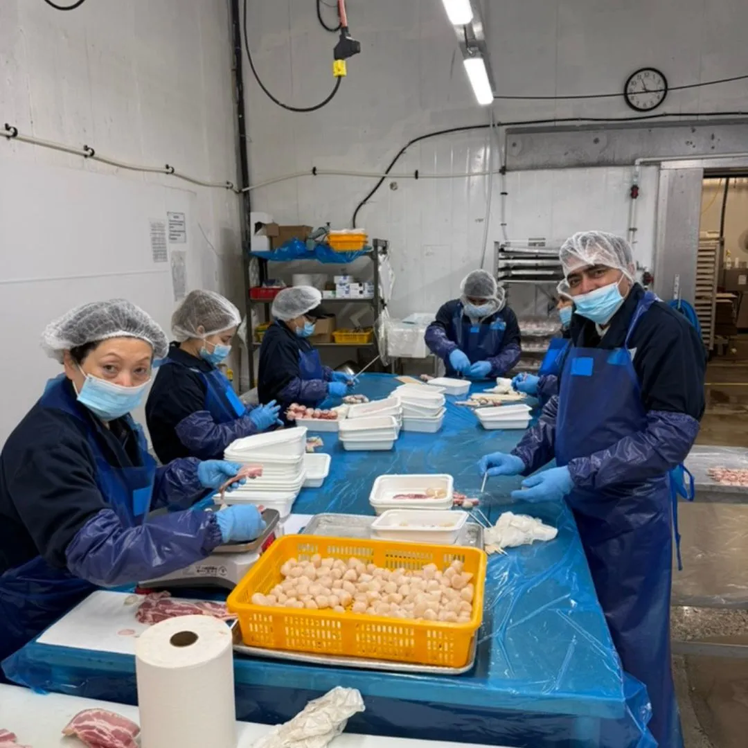 The bacon-wrapped scallop production team looking up from the table