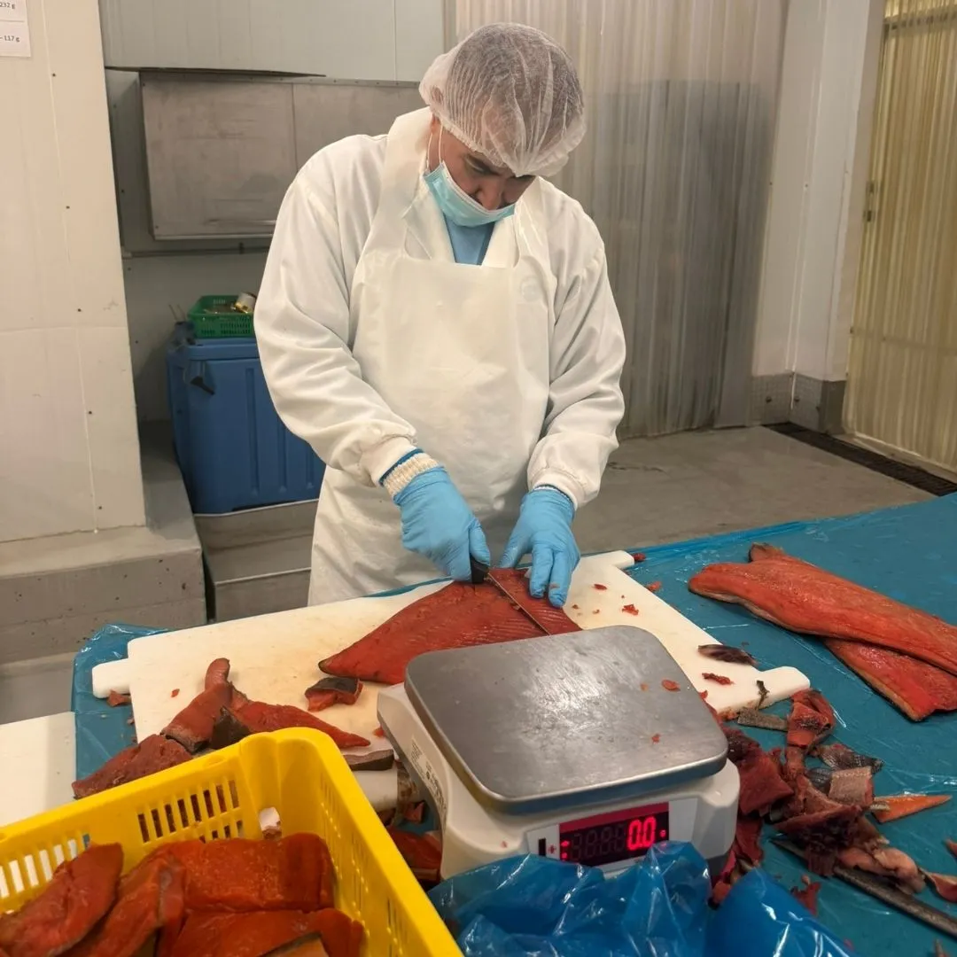 Portioning smoked sockeye salmon