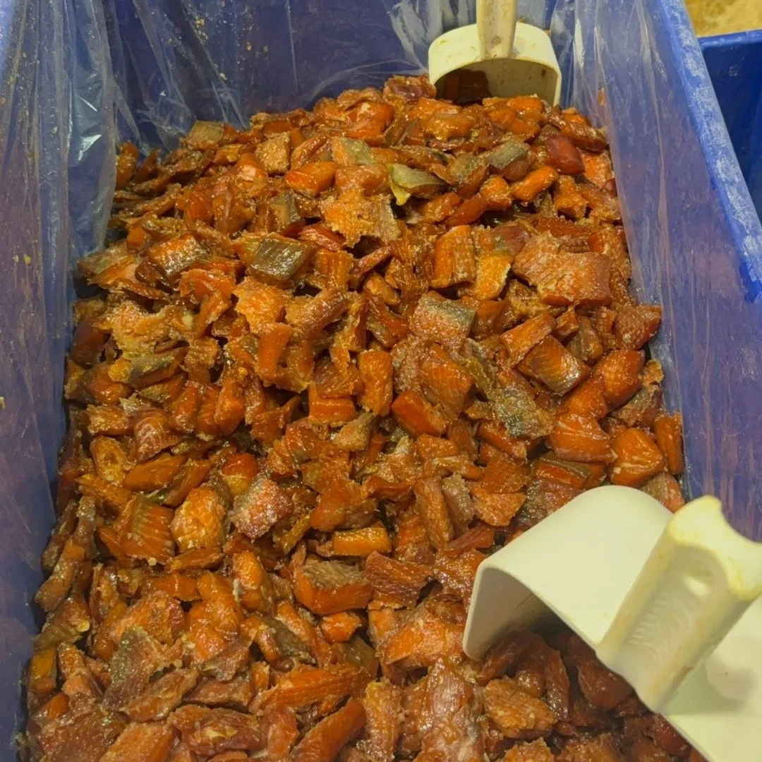 Finished smoked sockeye salmon candy ready to package